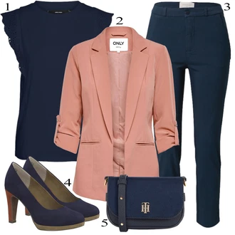 Outfit s Modrá/Tmavě modrá Strečová Kalhoty/Úzká Kalhoty/Tregíny/Kalhoty se Štěrbinou/Jeggings/Legíny s Rozparkem/Skinny Kalhoty Freequent "Jarní Outfit"