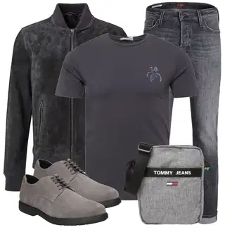Outfit mit Dunkelblau/Grau/DunkelGrau/Blau Mantel/Leder Bomberjacke/Jacke mit Seitlichem Reißverschluss/Fliegerjacke/Samtjacke Freaky Nation "Cooles Alltagsoutfit"