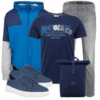 Outfit mit Blau/Hellblau/Grau Mantel/Strickjacke Tracht/Strickjacke Gefüttert/Stehkragen-Strickjacke/Vintage Strickjacke/Baumwoll Strickjacke/Winter Strickjacke/Windbreaker Jacke/Nylonjacke/Kapuzenjacke/Laufjacke/Leichte Jacke/Sweatmode Urban Classics "Cooles Alltagsoutfit"