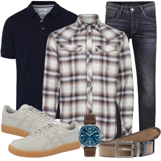 Outfit mit Weiß/Mischfarben T-Shirt Poloshirt Brax "Cooles Outfit"