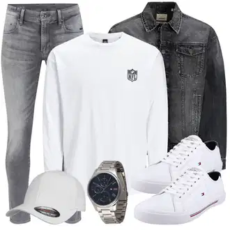 Outfit mit Hellgrau/Grau Girlfriend Jeans/Straight Leg Jean/Winterjacke/Biker Jeans/Low Rise Jean/Regular-Fit Jeans/Leder Schuhe/Tapered-Jeans/Herren Lederjacke/Lederjacke/Slim Fit Jeans G-Star Raw "Freizeit Outfit"