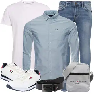 Outfit mit Hellblau/Blau Slim Fit Jeans/Lederjacke/Push up Jeans/Leder Schuhe/Jeans mit Schlitz/Knöchelstiefel/Low Rise Jean/Winterjacke/Biker Jeans/Regular-Fit Jeans Only & Sons "Freizeit Outfit"
