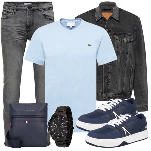Grau/Dunkelgrau/Hellgrau Biker Jeans/Lederjacke/Leder Schuhe/Slim Fit Jeans/Thermojeans/Herren Lederjacke/Winterjacke/Jeans mit Schlitz/Low Rise Jean Only & Sons kombinieren mit Blau Casual T-Shirt Lacoste