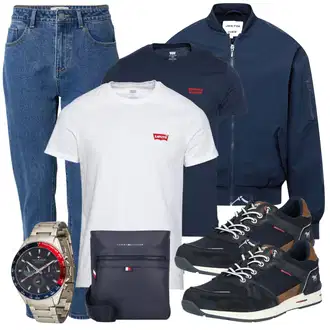 Outfit mit Blau/HellBlau Mom Jean/High Waist Jeans/Dad Jeans/Tapered-Jeans/Girlfriend Jeans/Vintage Jeans/Herren Lederjacke DAN FOX APPAREL "Freizeit Outfit"