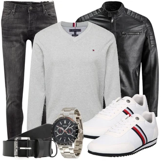 Große Größen Outfit mit Schwarz/Creme/Dunkelgrün Mantel/Lederjacke/Leder Bomberjacke/KunstLederjacke/Vintage Lederjacke/Bikerjacke/Motorradjacke Jack & Jones "Freizeit Outfit"