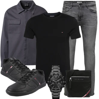 Outfit mit Grau/Dunkelgrau/Hellgrau Biker Jeans/Lederjacke/Leder Schuhe/Slim Fit Jeans/Thermojeans/Herren Lederjacke/Winterjacke/Jeans mit Schlitz/Low Rise Jean Only & Sons "Freizeit Outfit"