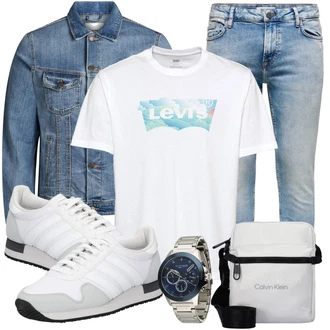 Sommer Outfit mit Hellblau/Blau Slim Fit Jeans/Girlfriend Jeans/Low Rise Jean/Boyfriend Jean/Tapered-Jeans/Dad Jeans/Biker Jeans/Straight Leg Jean/Vintage Jeans/Low Waist Jean/Herren Lederjacke/Jeans mit Schlitz Only & Sons "Freizeit Outfit"