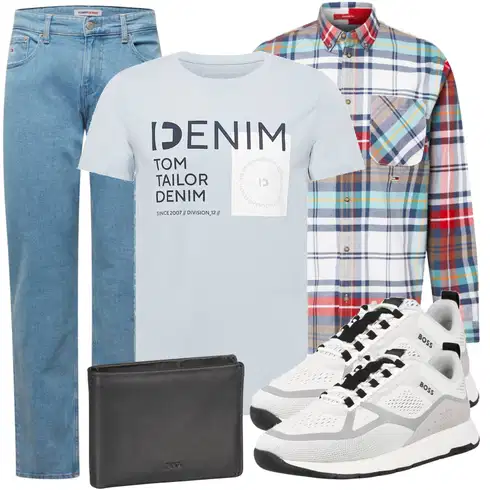 Schwarz Portemonnaie JOOP! kombinieren mit Grau Casual T-Shirt Tom Tailor Denim