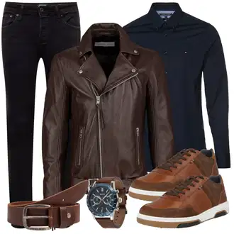 Retro Outfit mit Schwarz/Hellgrau/Grau/Dunkelgrau Damen 7/8-Länge Jeans/Low Rise Jean/Push up Jeans/Regular-Fit Jeans/Lederjacke/Slim Fit Jeans/Leder Schuhe/Thermojeans/Winterjacke Jack & Jones "Freizeit Outfit"Look: Uni, Lack, 70er, Classic, Coole, Elegant, Moderne, Old Money, Premium, Retro, Schlichte
