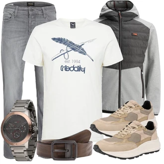 Outfit mit Hellgrau/Grau Straight Leg Jean/Slim Fit Jeans/Tapered-Jeans/Regular-Fit Jeans/Damen 7/8-Länge Jeans/Low Rise Jean/Sportschuhe/Girlfriend Jeans/Winterjacke/Leder Schuhe/Formelles Hemd Jack & Jones "Freizeit Outfit"