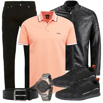 Große Größen Outfit mit Schwarz/Creme/Dunkelgrün Mantel/Lederjacke/Leder Bomberjacke/KunstLederjacke/Vintage Lederjacke/Bikerjacke/Motorradjacke Jack & Jones "Freizeit Outfit"