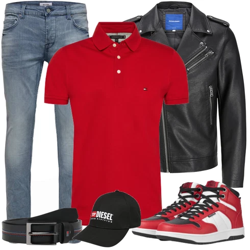 Rot Sneaker Jack & Jones kombinieren mit Schwarz Lederjacke Jack & Jones