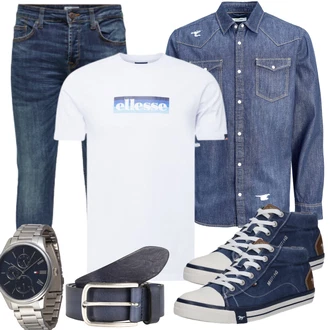 Outfit mit Blau/Hellblau/Dunkelblau Slim Fit Jeans/Herren Lederjacke/Tapered-Jeans/Biker Jeans/Winterjacke/Lederjacke/Leder Schuhe/Low Rise Jean/ThermoJeans/Jeans mit Schlitz/Low Waist Jean/Vintage Jeans Only & Sons "Alltags Outfit"