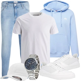 Esthetische Outfit mit Hellblau/Blau Ausgefallener Hoodie/Hoodie/Strick Hoodie/Partner Hoodie/Sport Hoodie/Sport Sweatshirt/Unisex Hoodie/Vintage Hoodie Alpha Industries "Alltags Outfit"Look: Esthetische, Hip Hop, Preppy, Skater, Sportlich, Unisex, Uni