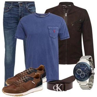 Outfit mit Blau/Hellblau/Dunkelblau Slim Fit Jeans/Herren Lederjacke/Tapered-Jeans/Biker Jeans/Winterjacke/Lederjacke/Leder Schuhe/Low Rise Jean/ThermoJeans/Jeans mit Schlitz/Low Waist Jean/Vintage Jeans Only & Sons "Praktischer Look"