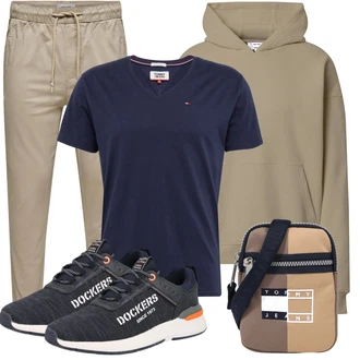 Outfit mit Khaki/Beige/Braun Unisex Hoodie/Hoodie/Oversize Hoodie/Vintage Hoodie/Kapuzenpullover/Ausgefallener Hoodie/Sport Hoodie/Lederjacke DAN FOX APPAREL "Alltags Outfit"