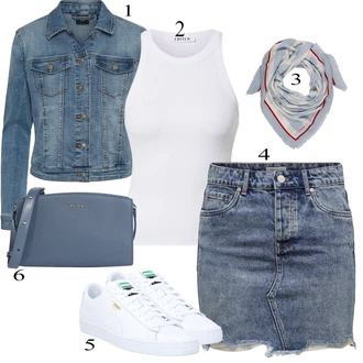 Džínovina Outfit s Tmavě modrá/Modrá Krátká Sukně/Džínová Sukně/Džínová vintage sukně/90tá Léta Sukně Only "Jarní Outfit"