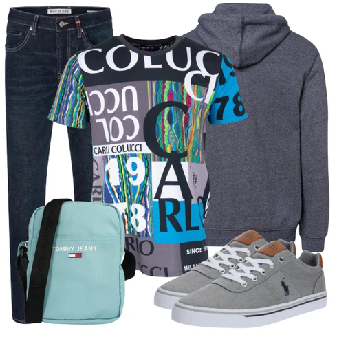 Schwarz T-Shirt Carlo Colucci kombinieren mit Grau/Weiß Hoodie Sweatshirt Brax
