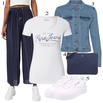 Outfit s Bílá/Krémová Nízká Teniska/Teniska s dírkovaným vzorem/Úzká Teniska/Skate Bota/Bota Na Pěší Turistiku/Kožené Tenisky/Letní Tenisky/Zdravotní bota Reebok "Jarní Outfit"