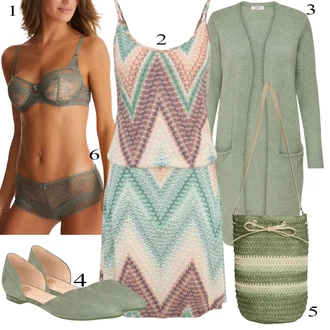 Ke kolenům Outfit s Tyrkysový/Krémová/Vícebarevný/Bílá/Světle modrá Háčkované Šaty/Šaty S Potiskem/Pletené Šaty/Letní Šaty/Plážové Šaty/Pouzdrové Šaty Lascana "Jarní Outfit"