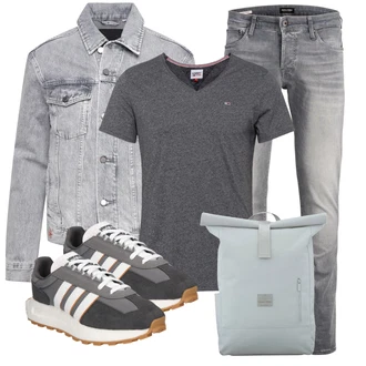 Outfit mit Grau/Hellgrau/Dunkelgrau Biker Jeans/Slim Fit Jeans/Lederjacke/Low Rise Jean/Leder Schuhe/Herren Lederjacke/Jeans mit Schlitz/Low Waist Jean/Winterjacke Jack & Jones "Perfekt für die Freizeit"