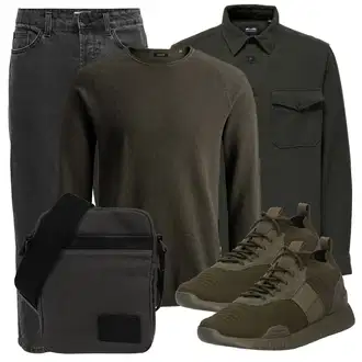 Outfit mit Dunkelgrün Feinstrickpullover/Wollpullover/Einfacher Pullover/Basic Pullover/Kaschmir Pullover/Rundhals Pullover Jack & Jones "Praktischer Look"
