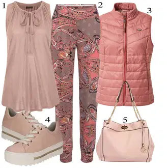 Outfit s Hnědá/Červená/Fialová/Tmavě červená/Růžová Kalhoty s Potiskem/Tradiční Kalhoty/Mušelínové kalhoty/Látková Kalhoty Lascana "Jarní Outfit"