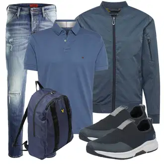 Outfit mit Blau/Hellblau Knöchelstiefel/Biker Jeans/Boyfriend Jean/Jeans mit Schlitz/Jeans mit Loch/Low Rise Jean/Low Waist Jean/Lederjacken/Lederjacke/Slim Fit Jeans Jack & Jones "Street Style Outfit"