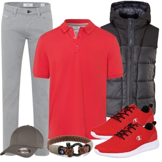 Outfit mit Rot/Weiß T-Shirt Poloshirt Brax "Street Style Outfit"