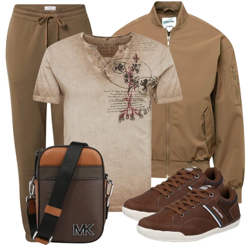 Braun/Khaki/Beige Bomberjacke/Fliegerjacke/Nachhaltige Jacke/Uniformjacke DAN FOX APPAREL kombinieren mit Beige Casual T-Shirt Key Largo