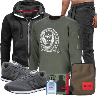 Groß Outfit mit Dunkelgrau/Grau KapuzenPullover/Hoodie/Sport Sweatshirt/Strick Hoodie/Sport Hoodie/Ausgefallener Hoodie/Sweatjacke Alessandro Salvarini "Street Style Outfit"
