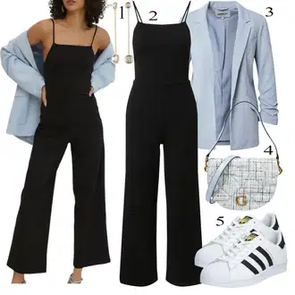 Šik Svatovski gost Outfit sa Crna Kombinezon s halterima/Plisirani Kombinezon/Kombinezon širokih nogavica/Ljetni Kombinezon/Elegantni Kombinezon Edited "Zimski outfit"Look: 90-ich, Šik, Rad, 70-ich, Jazz, Disko, Radna odjeća