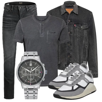 Outfit mit Dunkelgrau/Grau/Hellgrau Slim Fit Jeans/Winterjacke/Lederjacke/Leder Schuhe/Low Rise Jean/Jeans mit Schlitz/Thermojeans/Herren Lederjacke/Knöchelstiefel/Tapered-Jeans/Damen 7/8-Länge Jeans/Regular-Fit Jeans/Straight Leg Jean Jack & Jones "Alltagsoutfit"