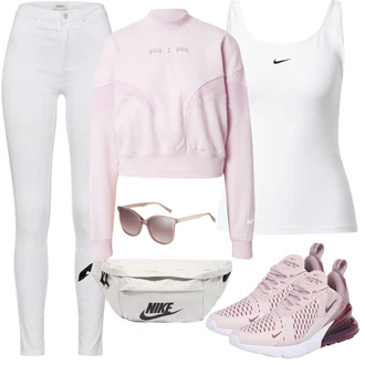 Tenis Outfit s Bílá/Stříbrný/Krémová/Šedá Halenka Bez Rukávů/Top bez ramínek/Pánské boty/Tílko Nike Sportswear "Denní Outfit"Look: Atletika, Posilování, Tenis, Tanec