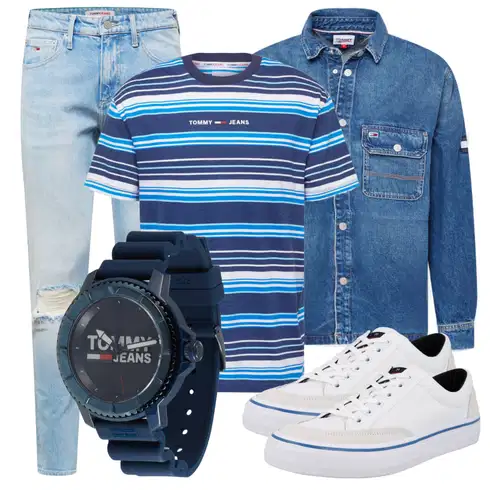 Blau Casual T-Shirt Tommy Jeans kombinieren mit Blau Jeansjacke Tommy Jeans