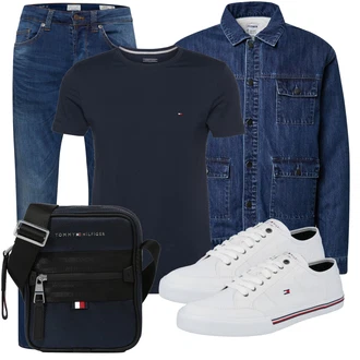 Outfit mit Blau/Dunkelblau/Hellblau Vintage Strickjacke/Stehkragen-Strickjacke/Strickjacke Gefüttert/Baumwoll Strickjacke/Vintage Jacke/Nachhaltige Jacke/Jeansjacke about you x benny cristo "Alltagsoutfit"