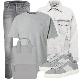 Outfit mit Grau/Hellgrau/Dunkelgrau Biker Jeans/Slim Fit Jeans/Lederjacke/Low Rise Jean/Leder Schuhe/Herren Lederjacke/Jeans mit Schlitz/Low Waist Jean/Winterjacke Jack & Jones "Alltagsoutfit"