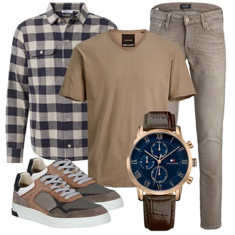 Kariert Outfit mit Grau/Blau/DunkelBlau/HellBlau Flanellhemd/Kariertes Hemd DAN FOX APPAREL "Alltagsoutfit"