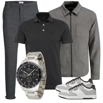Outfit mit Grau/Dunkelgrau/Dunkelblau/Hellgrau Karierte Hose/Flanellhose/Tweed Hose/Business Hose Jack & Jones "Alltagsoutfit"