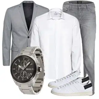 Reverskragen Outfit mit Grau/Hellgrau Blazerjacke/Boyfriend Blazer/Lässiger Blazer/Lederjacke/Baumwoll ­Blazer/Eleganter Blazer/Strick­blazer/Sweatblazer/Lederjacke für Männer/Lederjacke SELECTED HOMME "Casual Business Outfit"