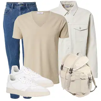 Outfit mit Blau/HellBlau Mom Jean/High Waist Jeans/Dad Jeans/Tapered-Jeans/Girlfriend Jeans/Vintage Jeans/Herren Lederjacke DAN FOX APPAREL "Cooles Alltagsoutfit"