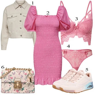 Outfit s Růžová/Béžová/Modrá Šněrovací Bota/Zimní bota/Nízká bota na podpatku/Nízká Teniska Skechers "Letní Outfit"