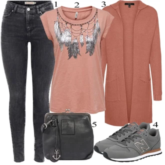 Outfit s Červená/Růžová/Oranžová Pletenina veľkej veľkosti/Kabát VERO MODA "Ležérní Outfits"