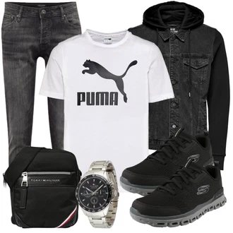 Outfit mit Grau/Hellgrau/Dunkelgrau Lederjacke/Slim Fit Jeans/Low Rise Jean/Low Waist Jean/Leder Schuhe/Biker Jeans/Jeans mit Schlitz/Winterjacke/Knöchelstiefel/Push up Jeans/Damen 7/8-Länge Jeans/Cropped Jeans Jack & Jones "Freizeit Outfit"