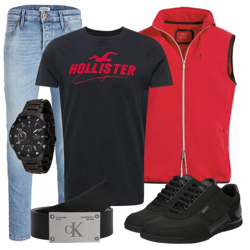 Rot Mantel kombinieren mit Schwarz/Grau Accessoire Uhr Tommy Hilfiger, Schwarz/Grau Accessoire Gürtel Calvin Klein Jeans
