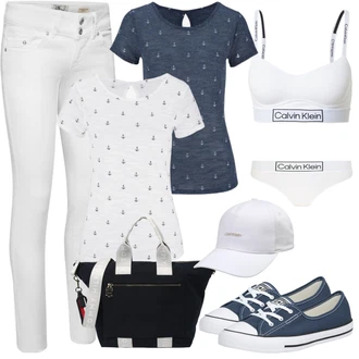 Outfit s Krémová/Tmavě modrá Fancy tričko/Pletené tričko/Polo Tričko/Tričko s potiskem/Košile s potiskem BEACH TIME "Ležérní Outfit"