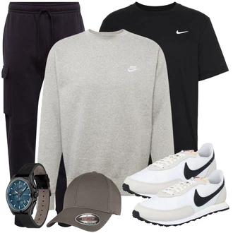 Outfit mit Grau/Khaki Sport Sweatshirt/Women's Fleece Sweatshirts/Damen Pullover/Lederjacke Nike Sportswear "Freizeit Outfit"