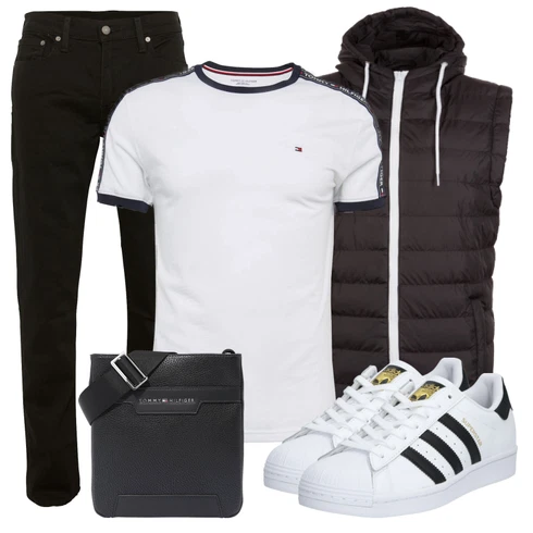 Schwarz Hose levi's kombinieren mit Weiß/Schwarz Schuh Leder Sneaker/Sneaker Low/Schmaler Sneaker/Sommer Sneaker/Vintage Sneaker Adidas Originals