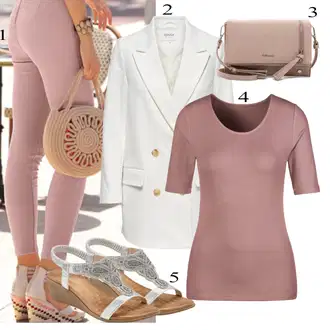 Šik Outfit s Fialová/Růžová/Hnědá Džíny s Rozparkem/Kotníková Bota/Zkrácené Džíny/Kožená bunda/Capri Džíny/Kožené Boty/Termální Džíny/Dámské Džíny s Délkou 7/8 Lascana "Letní Outfit"Look: Šik, Cool, Elegantní, Old Money, Venkovní, Chytrý příležitostný