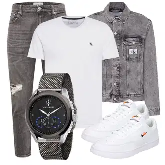Herbst Outfit mit Weiß/Blau/Creme Leder Sneaker/Sneaker Low/Skateschuh/Schmaler Sneaker/Vintage Sneaker Nike Sportswear "Outfit für den Frühling"